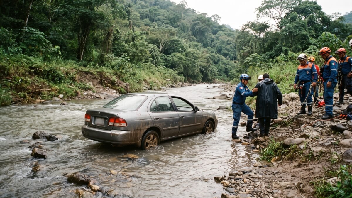 Rescatan a conductor tras terminar con su auto dentro del río Chacamax en Palenque