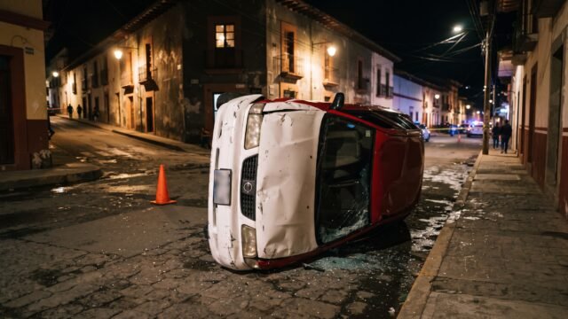 Taxista vuelca tras impactarse contra un poste en el barrio Yalchivol en Comitán