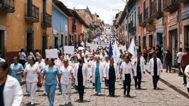 Trabajadores del IMSS marchan en Tapachula por salario digno y contra reforma estatutaria