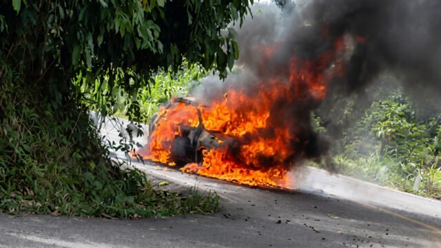 Vehículo se incendia en el tramo Huixtla-Motozintla a la altura de Tuzantán