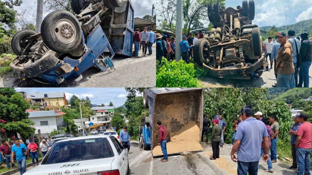 Vuelca camión cargado de arena en Shishintonil, Tenejapa, sin lesionados