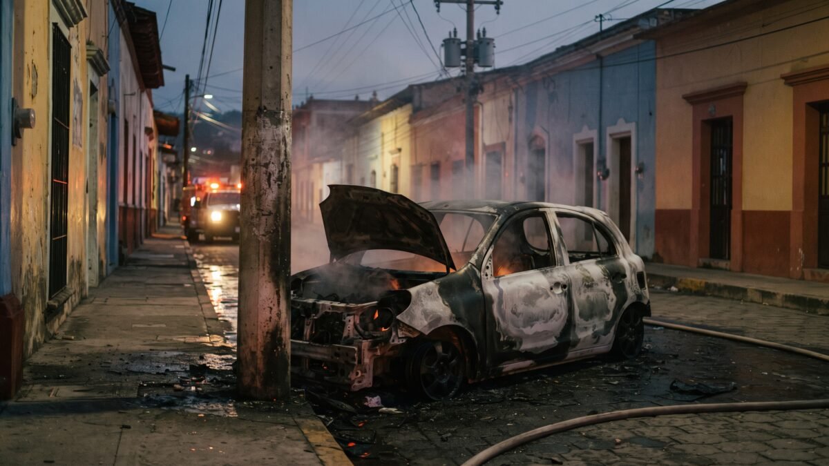 Auto eléctrico se incendia tras chocar contra poste y motociclista derrapa en Berriozábal