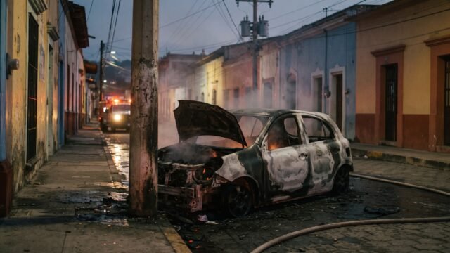Auto eléctrico se incendia tras chocar contra poste y motociclista derrapa en Berriozábal