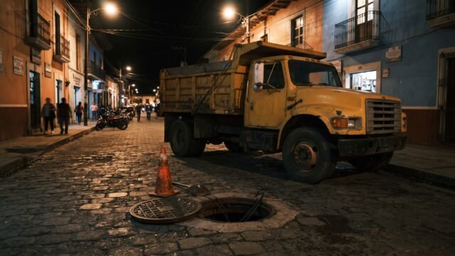 Camión de volteo pierde llanta al caer en socavón frente a Chedraui en Palenque
