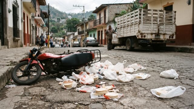 Camioneta le tumba el mandado: repartidor riega sus tortillas en el periférico de Palenque