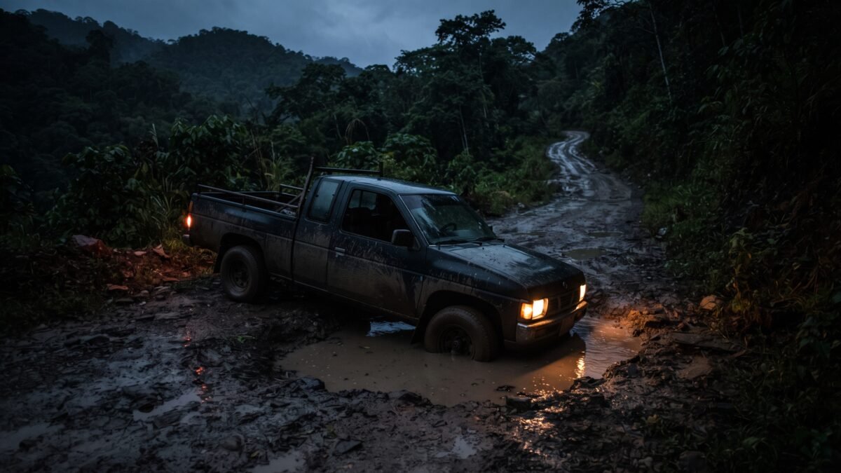 Camioneta queda atorada en bache en carretera Teopisca-San Cristóbal
