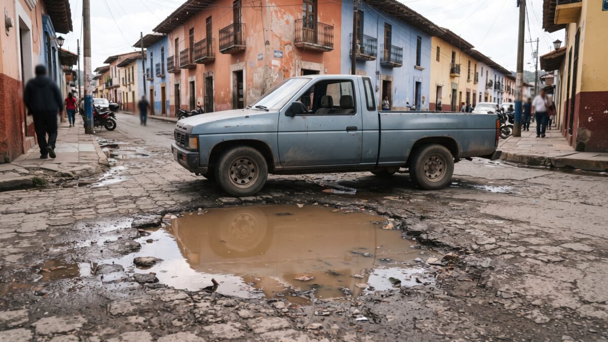 Camioneta resulta dañada tras caer en un bache en el Barrio Norte de Ocosingo