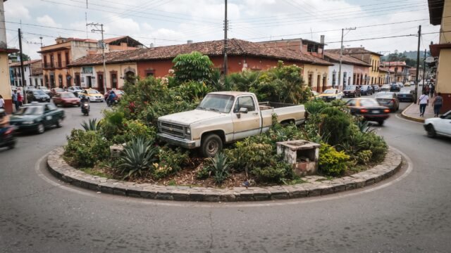 Camioneta se sube a jardinera y daña banca en glorieta de Palenque