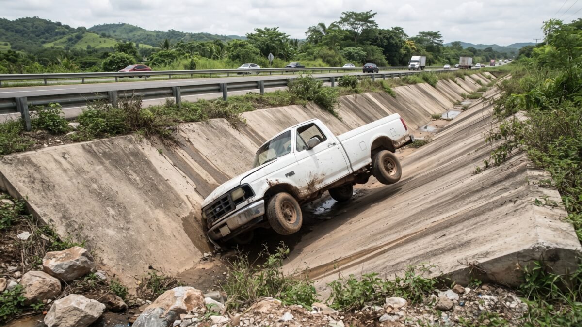 Camioneta termina dentro de canal pluvial en libramiento de Tapachula