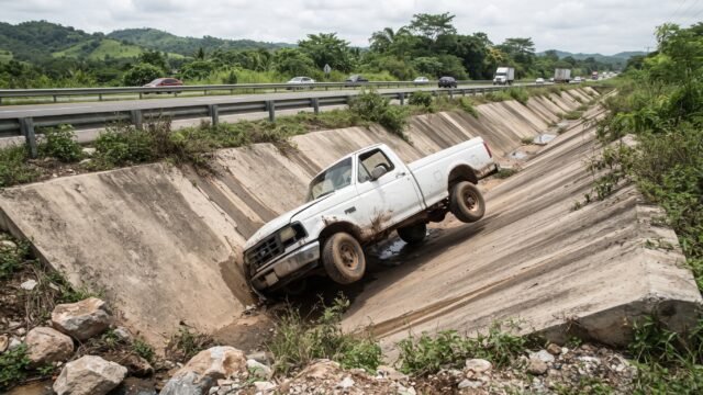 Camioneta termina dentro de canal pluvial en libramiento de Tapachula