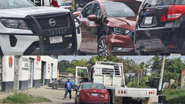 Choque entre camión de materiales y automóvil deja daños en salida de Altamirano