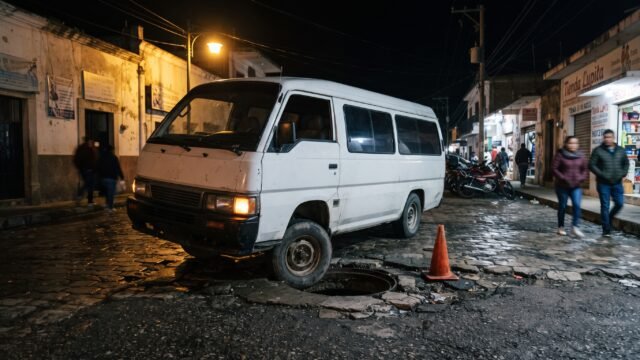 Colectivo de la ruta 15-01 cae en registro abierto frente a Chedraui en Palenque