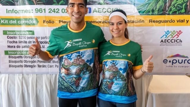 Con paisajes de Chiapas: destapan la playera de la Carrera Bisquets Obregón en Tuxtla