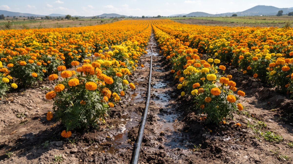 Con riego por falta de lluvias sostienen cultivo de cempasúchil en Chiapa de Corzo
