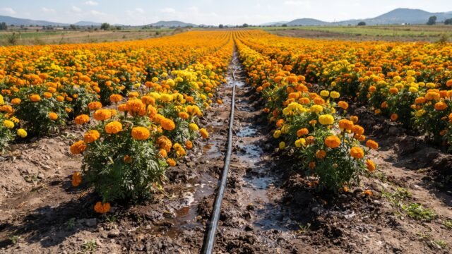 Con riego por falta de lluvias sostienen cultivo de cempasúchil en Chiapa de Corzo