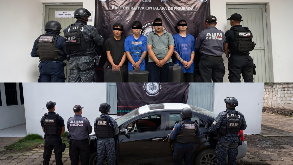 Detienen a siete hombres con presunta droga, arma y equipo táctico en Cintalapa
