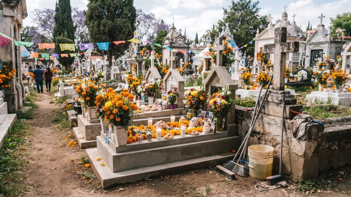 Entre escobas y cempasúchil: miles limpian tumbas en Tuxtla para recibir a sus muertos