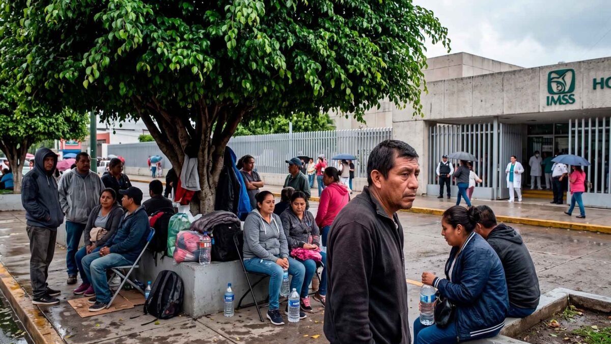 Familiares esperan bajo un árbol afuera del IMSS en Tuxtla entre carencias y protestas