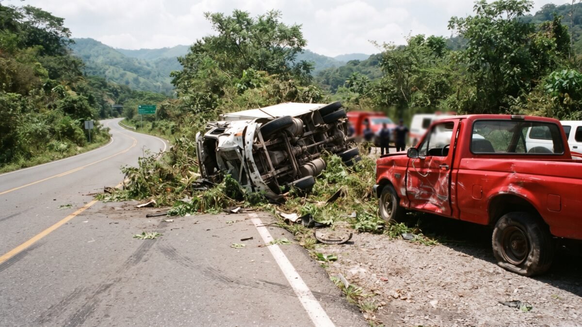 Invade carril en Cintalapa: camioneta embiste a camión y lo manda volcado a la maleza