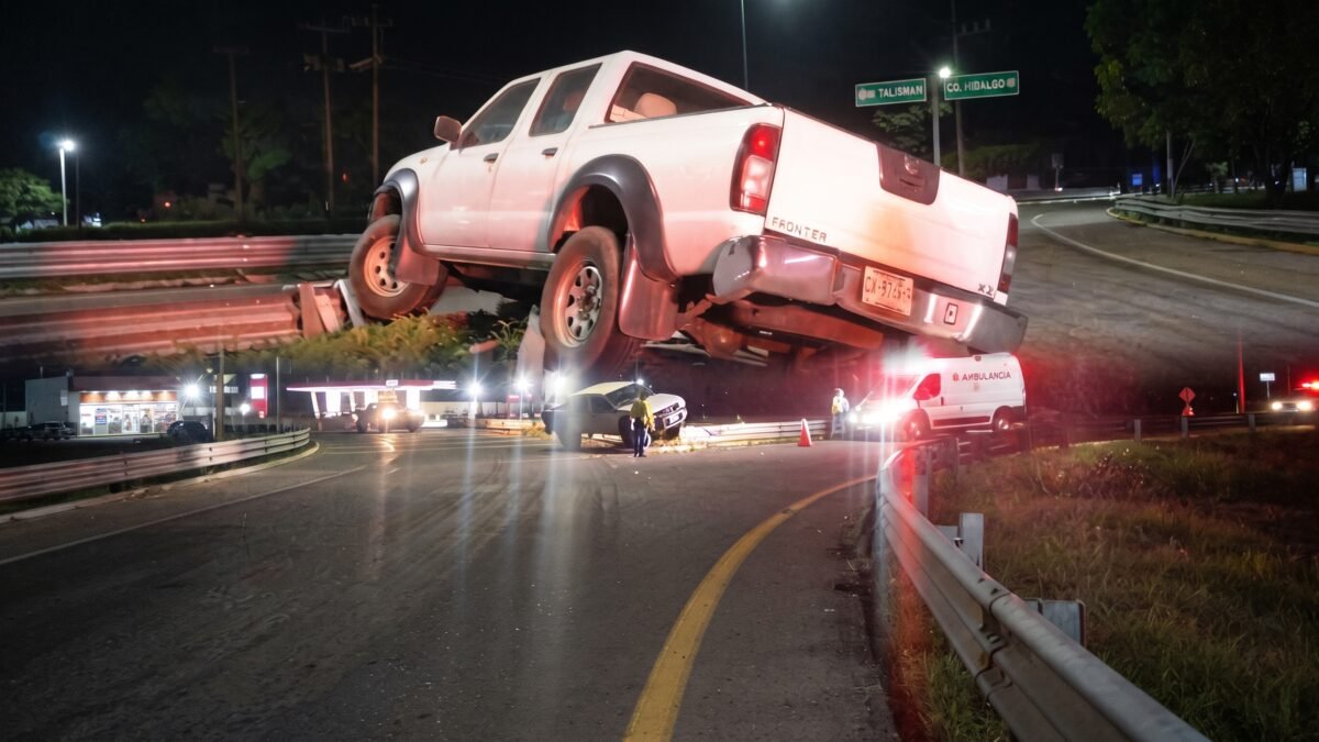La deja montada en la barrera y se pela: camioneta queda colgada en el kilómetro 10 de Tuxtla Chico