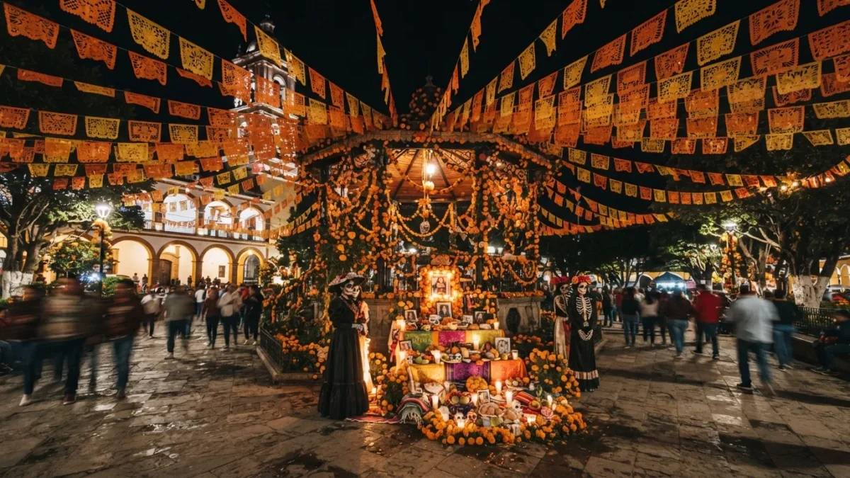 Parque central de Socoltenango luce decoración por el Día de Muertos