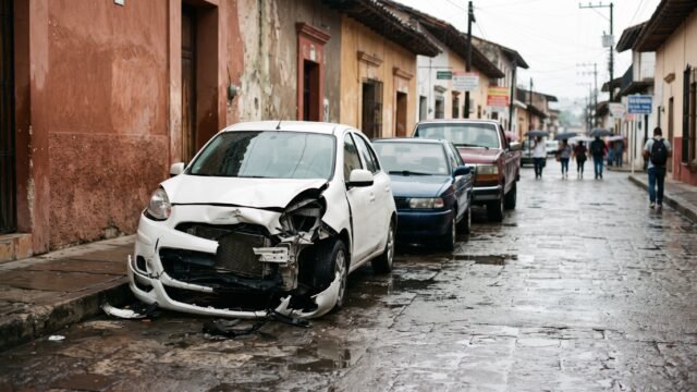 Pierde el control sobre pavimento mojado y choca contra dos autos estacionados en Comitán