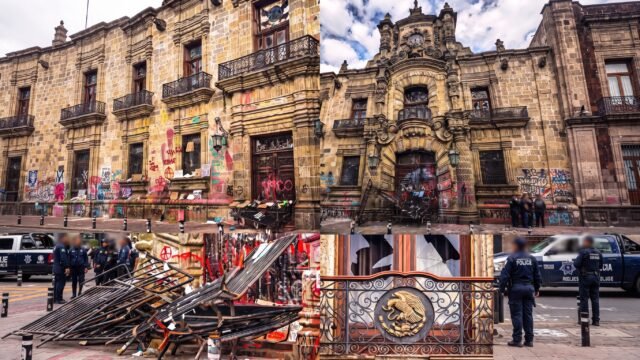 Protestas por agua contaminada dejan pintas y vidrios rotos en edificios de Guadalajara