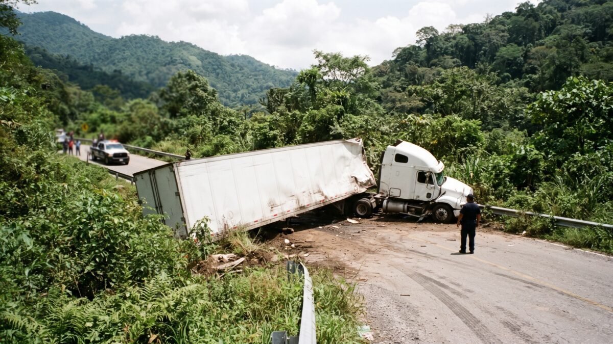 Queda de costado en La Ventana: tráiler vuelca en la carretera rumbo a Palenque