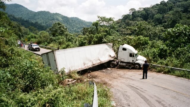 Queda de costado en La Ventana: tráiler vuelca en la carretera rumbo a Palenque
