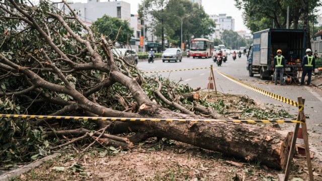Retiran legendario árbol de hule dañado por incendio en la avenida Central Oriente