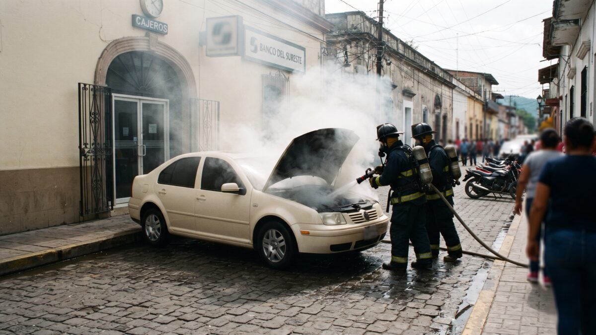 Saca humo del motor y se prende: Jetta se incendia frente al banco en pleno centro de Comitán