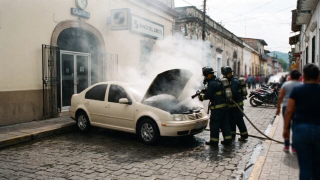 Saca humo del motor y se prende: Jetta se incendia frente al banco en pleno centro de Comitán