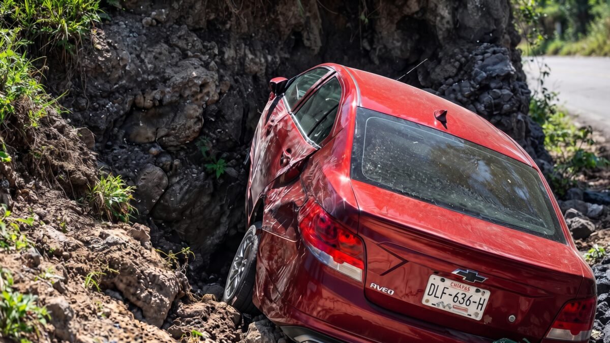 Sale volando en la curva: Aveo queda destrozado sobre un montículo en Comitán