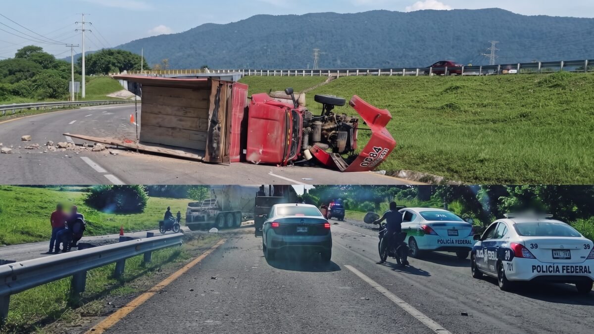 ¡Se acostó el rojo en la Curva del Diablo!: vuelca camión de piedras y riega su carga en Huixtla