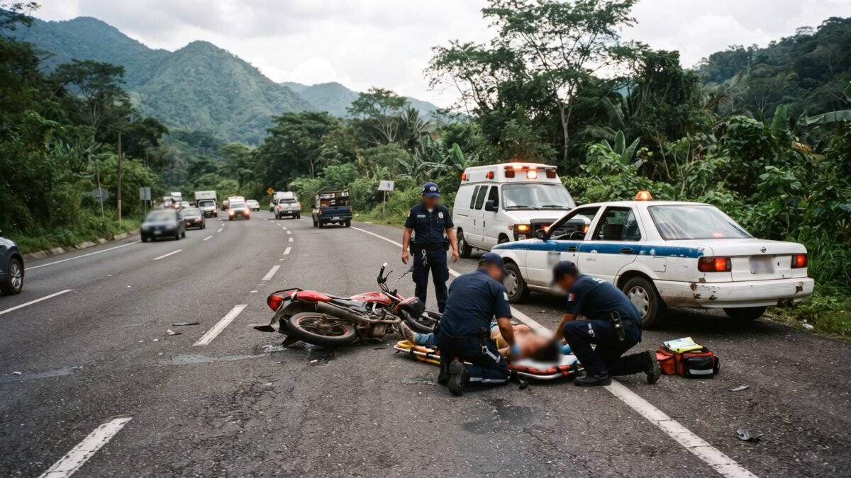 Taxi lo alcanza por detrás: albañil en moto termina golpeado en la glorieta de la Madre Chol en Palenque