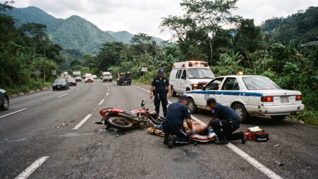 Taxi lo alcanza por detrás: albañil en moto termina golpeado en la glorieta de la Madre Chol en Palenque