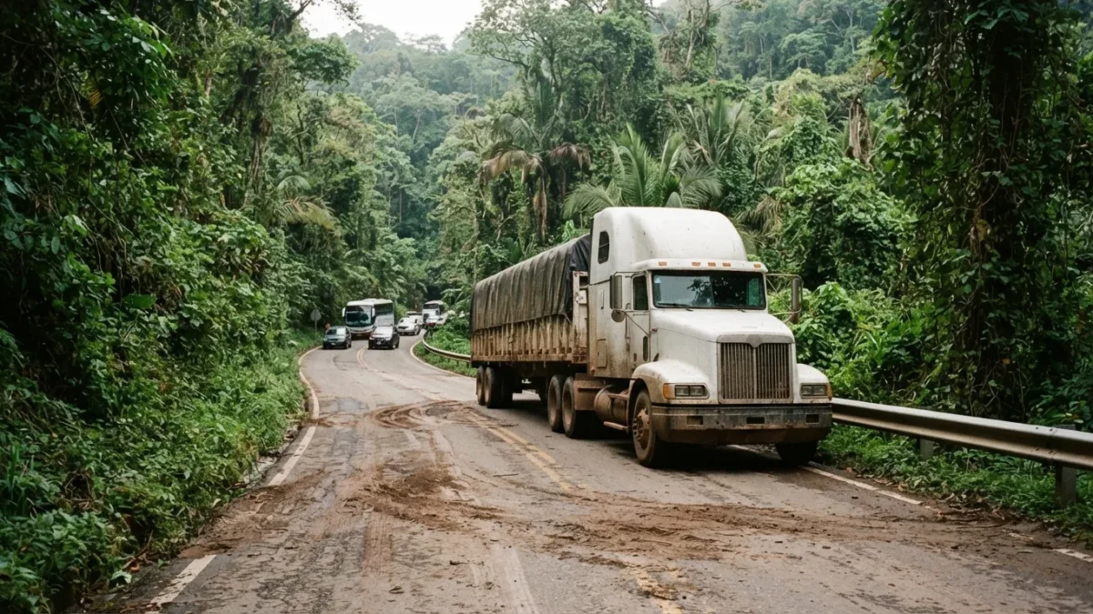 Tráiler atorado bloquea carretera Ocosingo-Palenque a la altura de Tzinteel en Chilón