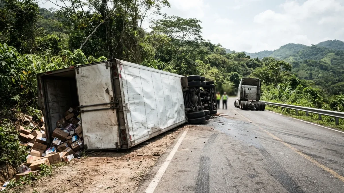 Tráiler vuelca cerca del basurero municipal de Venustiano Carranza sin dejar lesionados