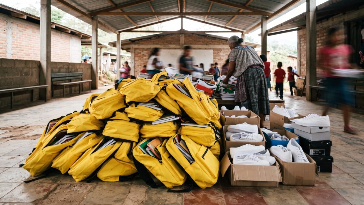 Valeria Rosales entrega mochilas y tenis a estudiantes en Villaflores