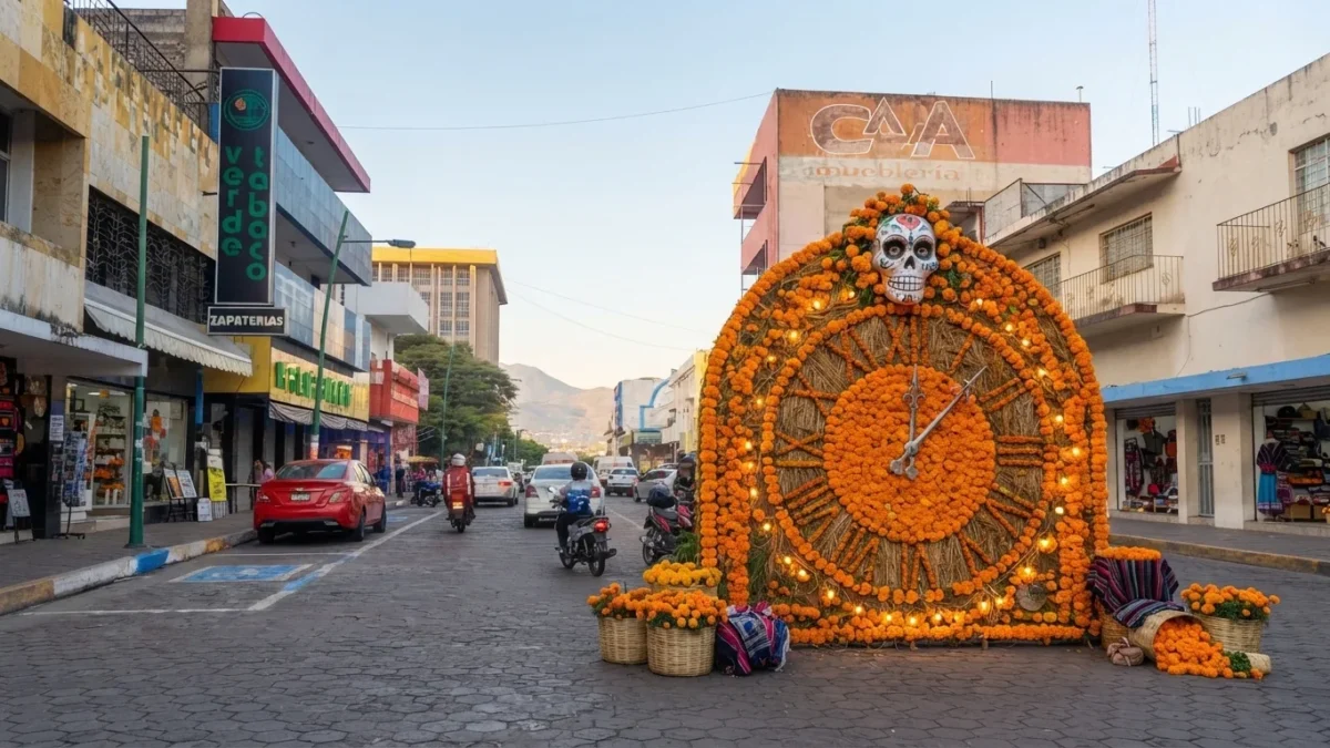 Vestido de muertos y a precio de oro: el Reloj Floral de Tuxtla luce cempasúchil escaso por la sequía