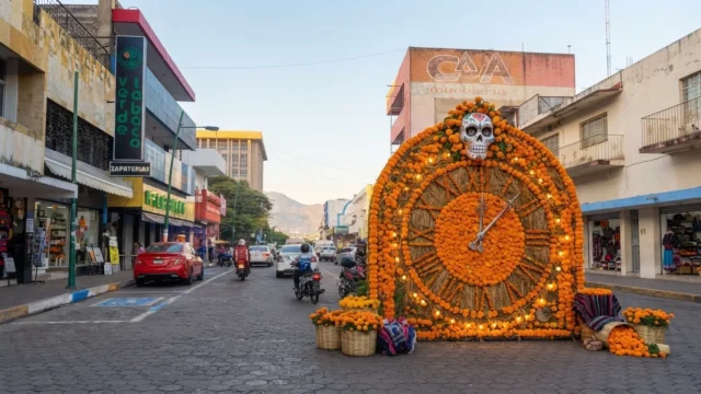 Vestido de muertos y a precio de oro: el Reloj Floral de Tuxtla luce cempasúchil escaso por la sequía