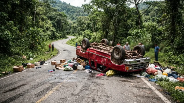 Vuelca camioneta pickup en el tramo La Paz-Campo La Granja en Simojovel